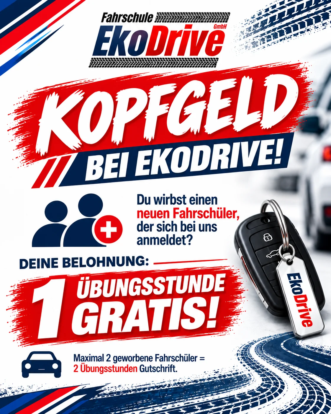 EkoDrive Kopfgeld-Aktion: Für jeden geworbenen neuen Fahrschüler, der sich anmeldet, eine Übungsstunde gratis. Maximal zwei geworbene Fahrschüler und zwei Übungsstunden Gutschrift.