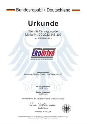 Urkunde über die Markeneintragung von EkoDrive beim Deutschen Patent- und Markenamt